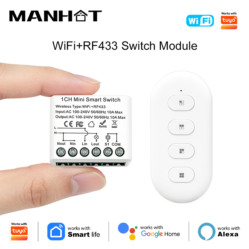 Tuya WiFi RF Wireless Smart Light Switch 433MHz 110V 220V Mini Relay Receiver Module Remote Control Work with Home Alexa lightify