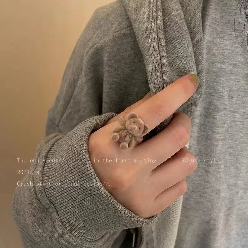 Cute Creative s Plush Bear Opening Ring For Women Autumn Winter Sweet Cartoon Index Niche Design Adjustable Rings