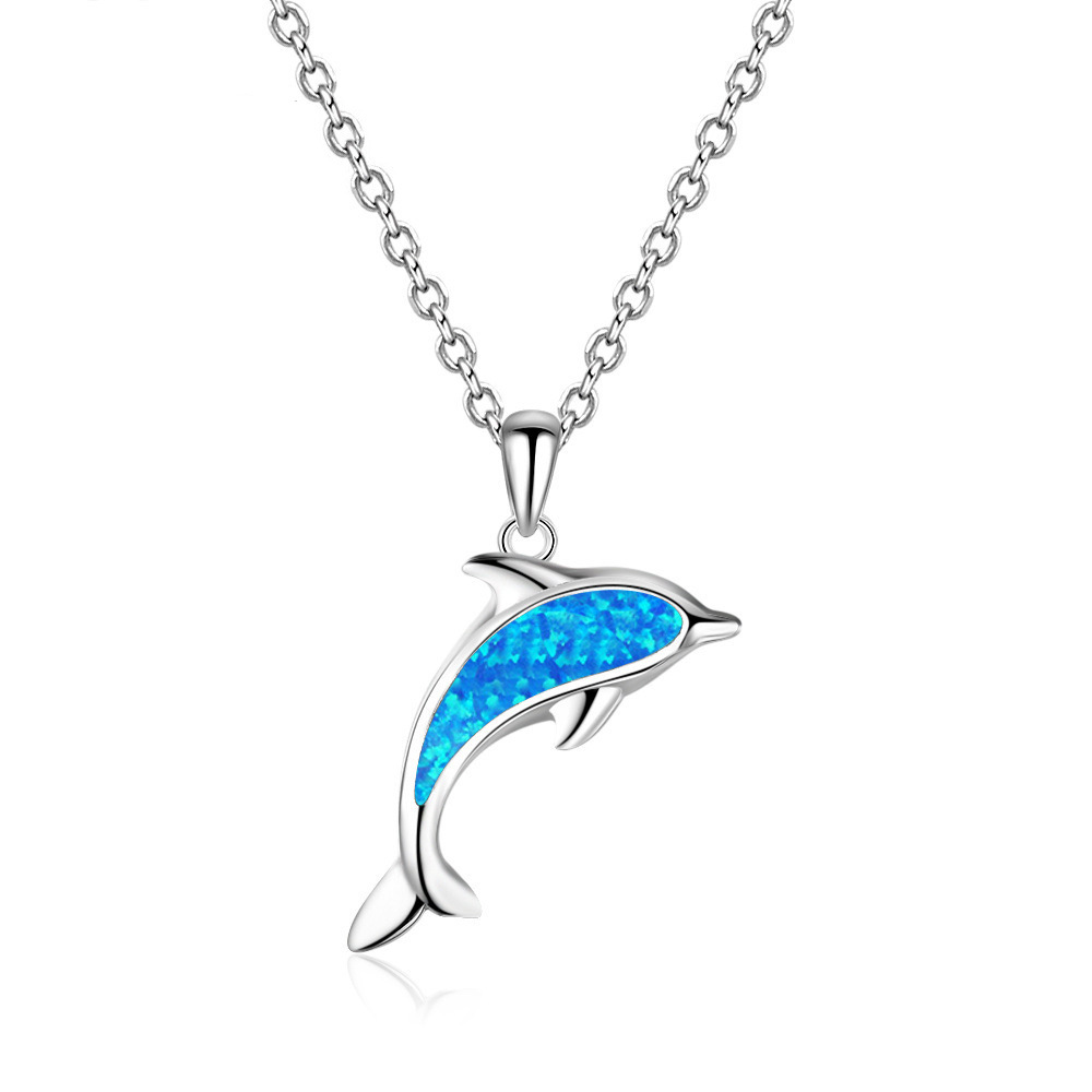 Dancing Dolphin Opal Pendant Necklace for Women,White K Plated Blue Opal Designer Jewelry,Cute Animal Necklace for Her