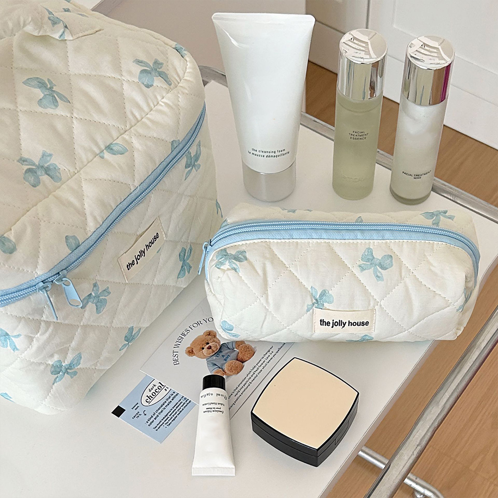 Makeup Bag Women Cotton Quilted Floral Cosmetic Bag Cosmetic Organizer Bow Flower Cloth Handbag Portable Travel Toiletry Bag