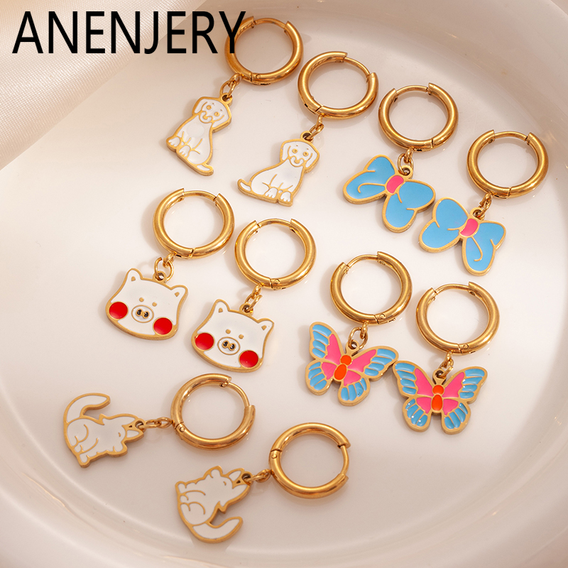 ANENJERY 316L Stainless Steel Animals Bowknot Butterfly Pendant Hoop Earrings For Women Cute Sweet Delicate Design Jewelry
