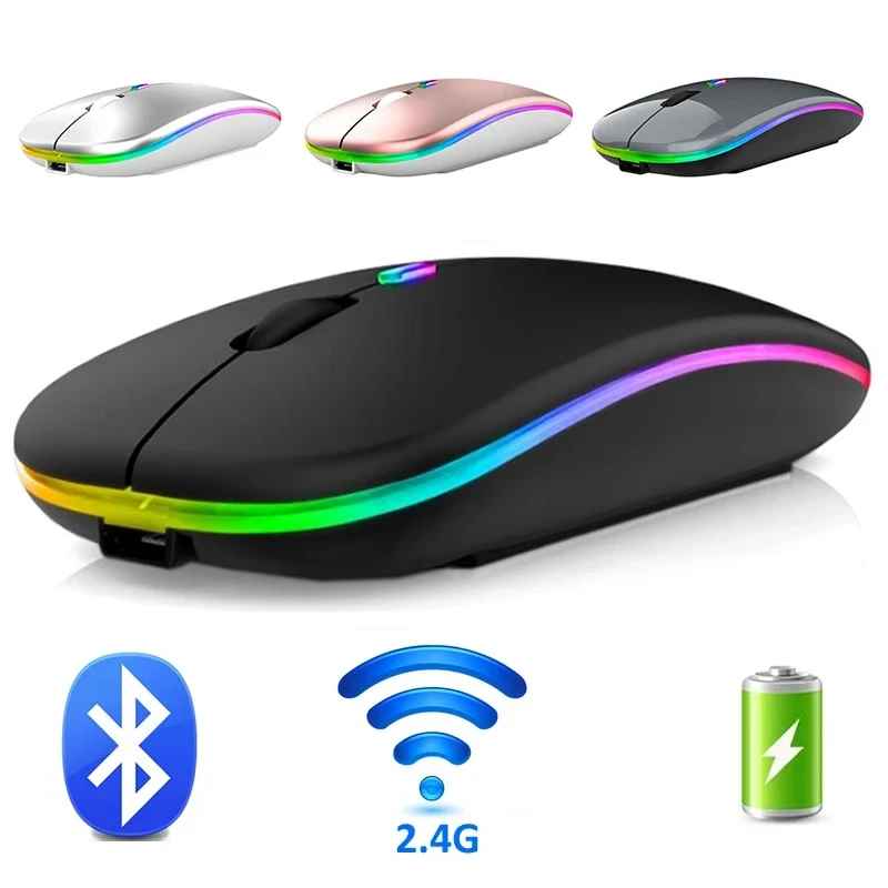 Rechargeable Bluetooth Wireless Mouse with 2.4GHz USB RGB 1600DPI Mouse for Computer Laptop Tablet PC Macbook
