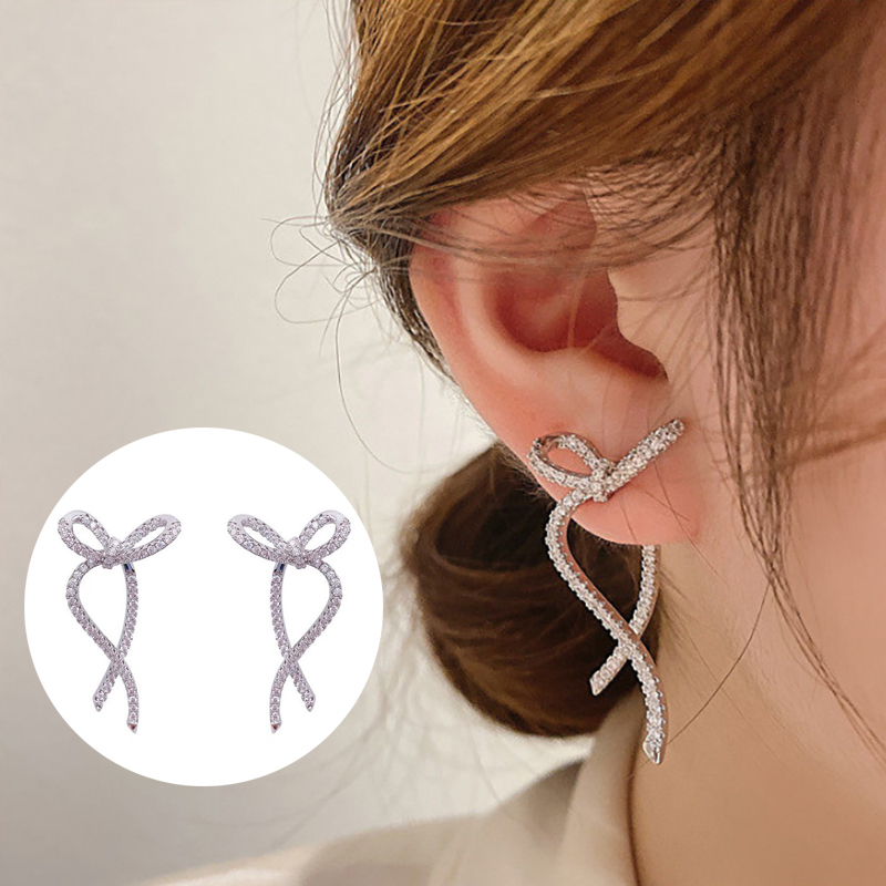 1Pair Light Luxury Full Rhinestone Bow Stud Earrings For Women Fashion Exquisite Crystal Long Earrings Party Wedding Jewelry