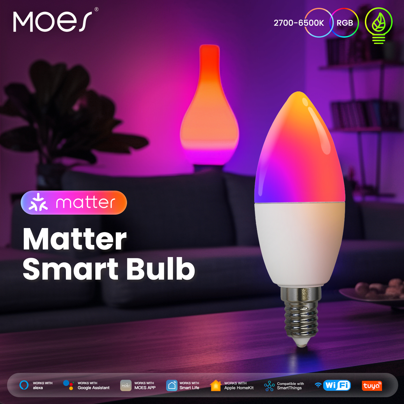 MOES Tuya Matter WiFi Smart Bulb GU10/E27/E14 Dimmable Led Light 16 Million RGB C+W Colors Candle Lamp Support Alexa Home lightify