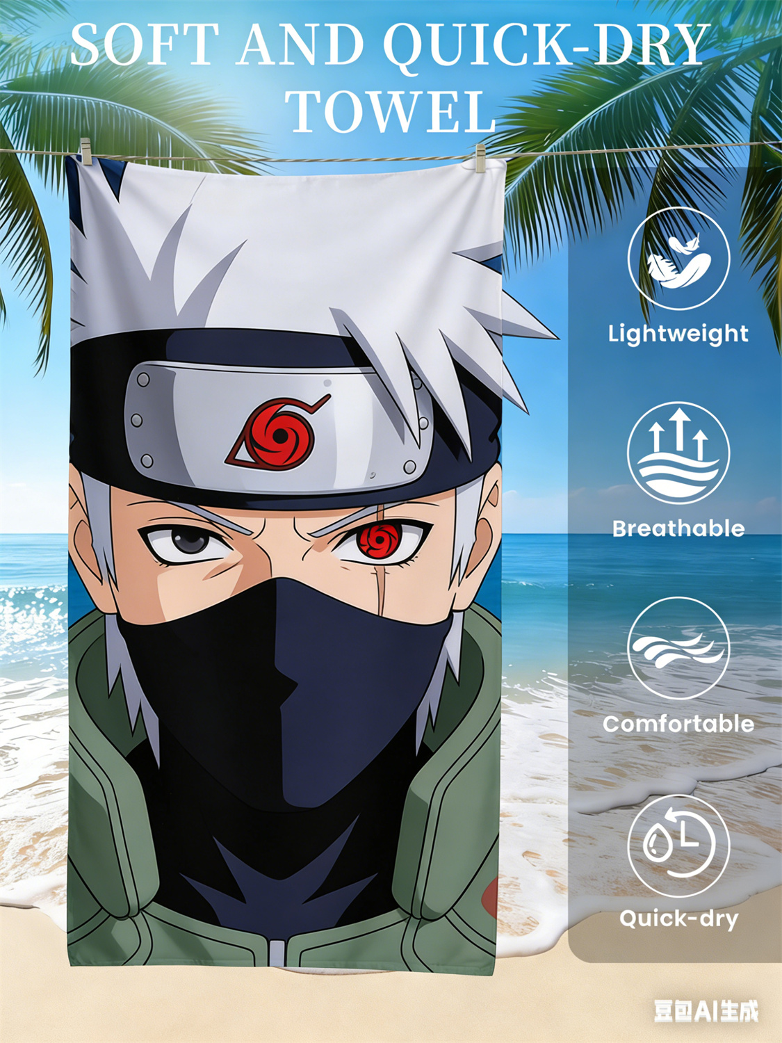 Naruto Kakashi Anime Beach Towel Soft Quick Dry Breathable Lightweight Comfortable Towel Travel Pool Camping Essentials