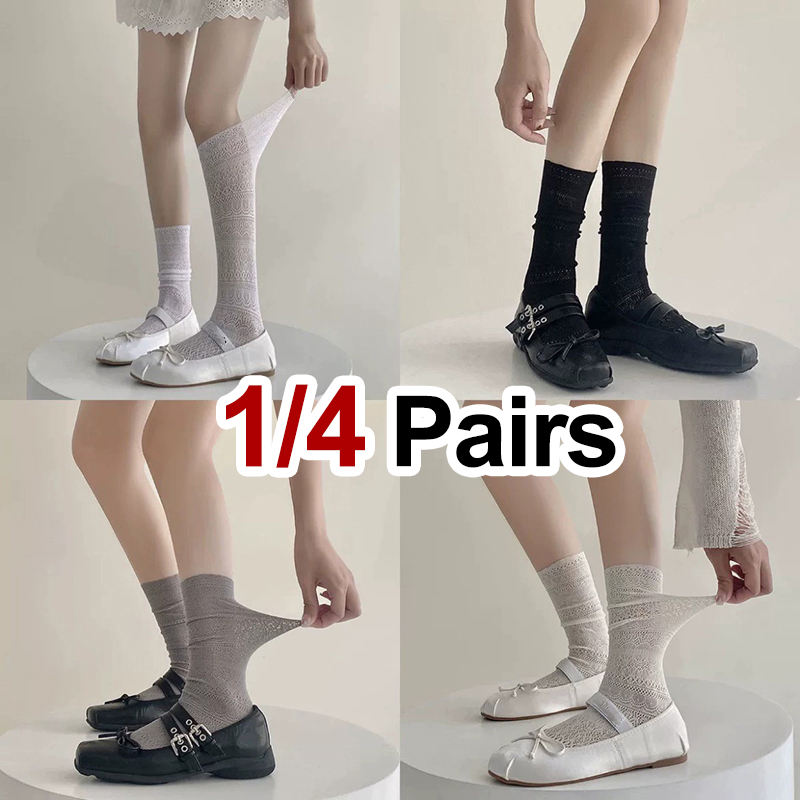 1/4 Pairs Women Lace Trimmed Knee High Socks Summer Hollow out Design Lightweight Breathable Soft Comfortable Casual Socks