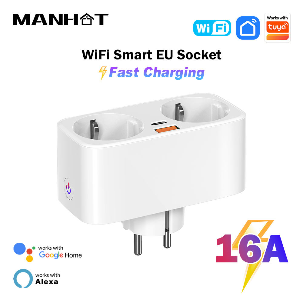 MANHOT 16A WiFi Smart EU Plug PD20W/25W Fast Charge Smart Plug 2 in 1 Socket Smart Dual Outlet Work With Tuya Alexa Home