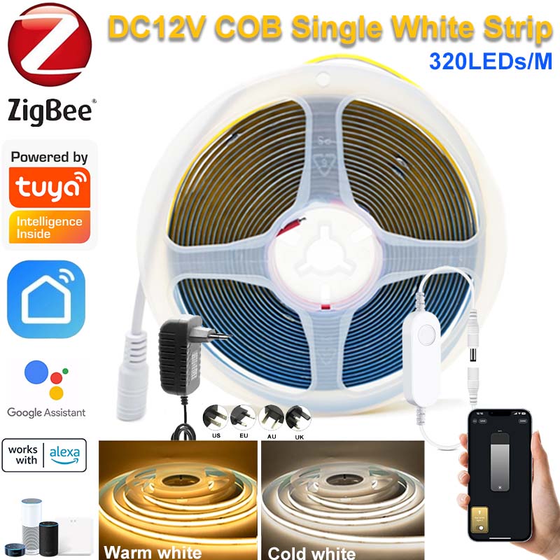 1M-5M DC12V Zigbee3.0 Tuya COB LED Strip Dimmable 320Leds/M High Density Flexible Smart Life APP Voice Contorl for Alexa