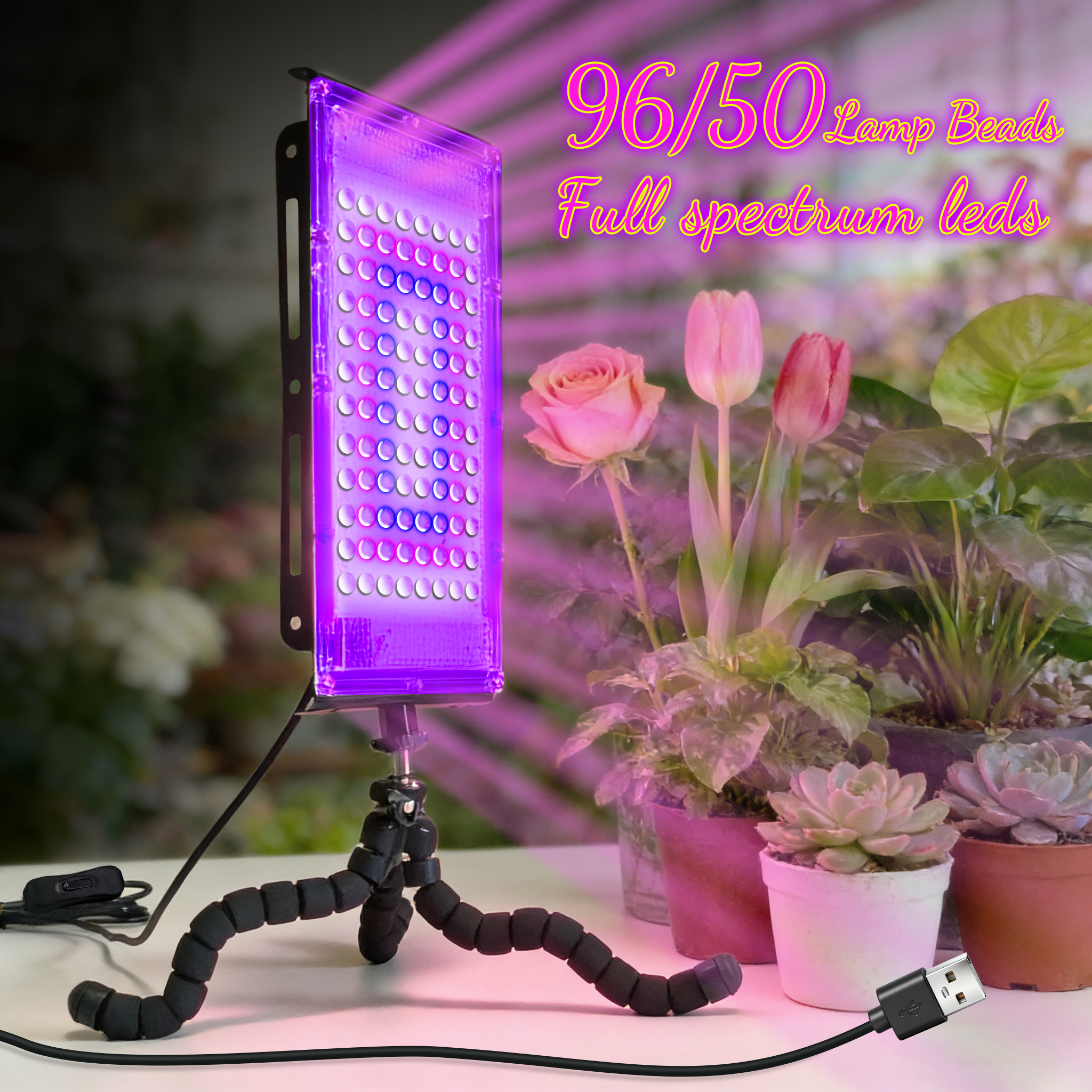 Full-Spectrum Plant Grow Light, 50/96 LED Beads, 5V USB Powered, 3-Claw Stand, 1.5m Cord, for Greenhouse & Home Gardening