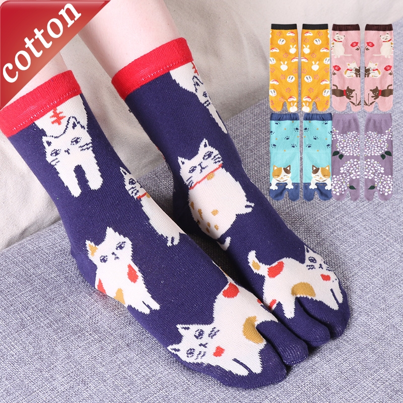 1/5 Pairs Women's Socks Japanese Cartoon Harajuku Funny Toe Socks Winter Warm Sweat Absorbing Comfortable Cotton Socks For Girl