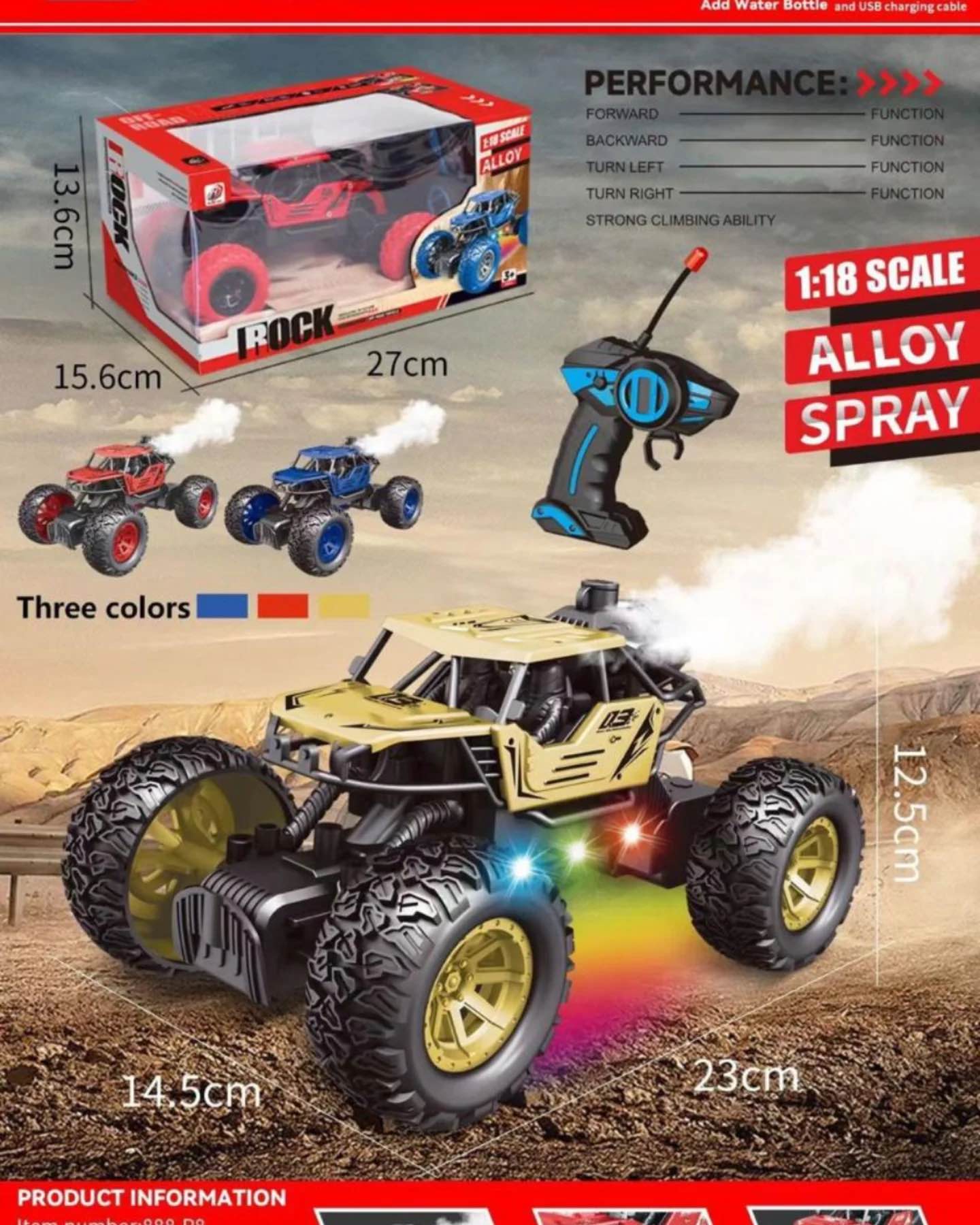 1:18 Scale Alloy RC Monster Truck with Spray & LED Lights - High-Speed Off-Road Remote Control Car for Kids (Rechargeable, 3 Colors)