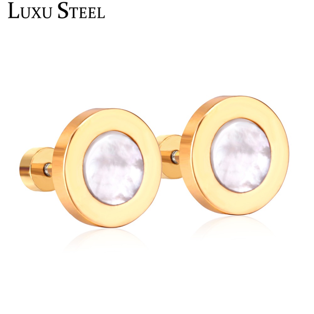 LUXUSTEEL Women Screw Stud Earring Stainless Steel Size 6mm/10mm White/Black Shell Round Earring Fashion Jewelry Wholesale