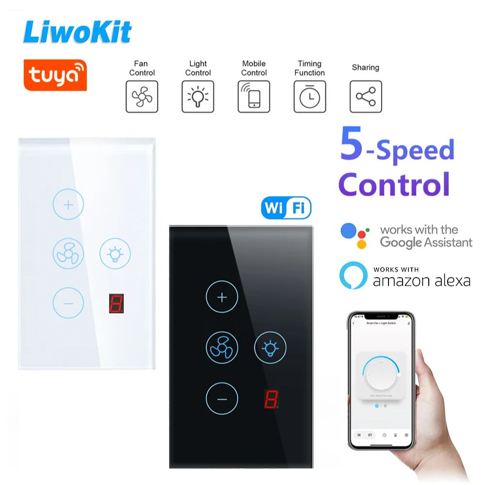 LiwoKit Tuya Wifi Five-Speed Fan Light Switch Thyristor Speed Adjustment Touch Panel Switch Remote Control