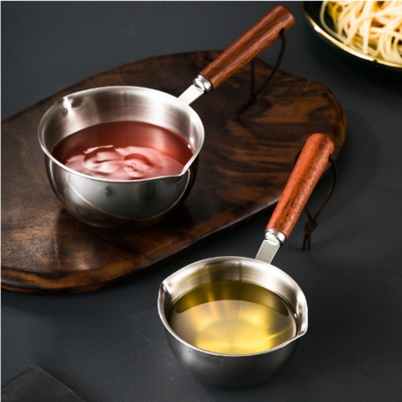 304 Stainless Steel Mini Milk Pan Hot Oil Pot Small Skillet with Wood Handle for Cooking Boiling Butter Melt Pan Kitchen Tool