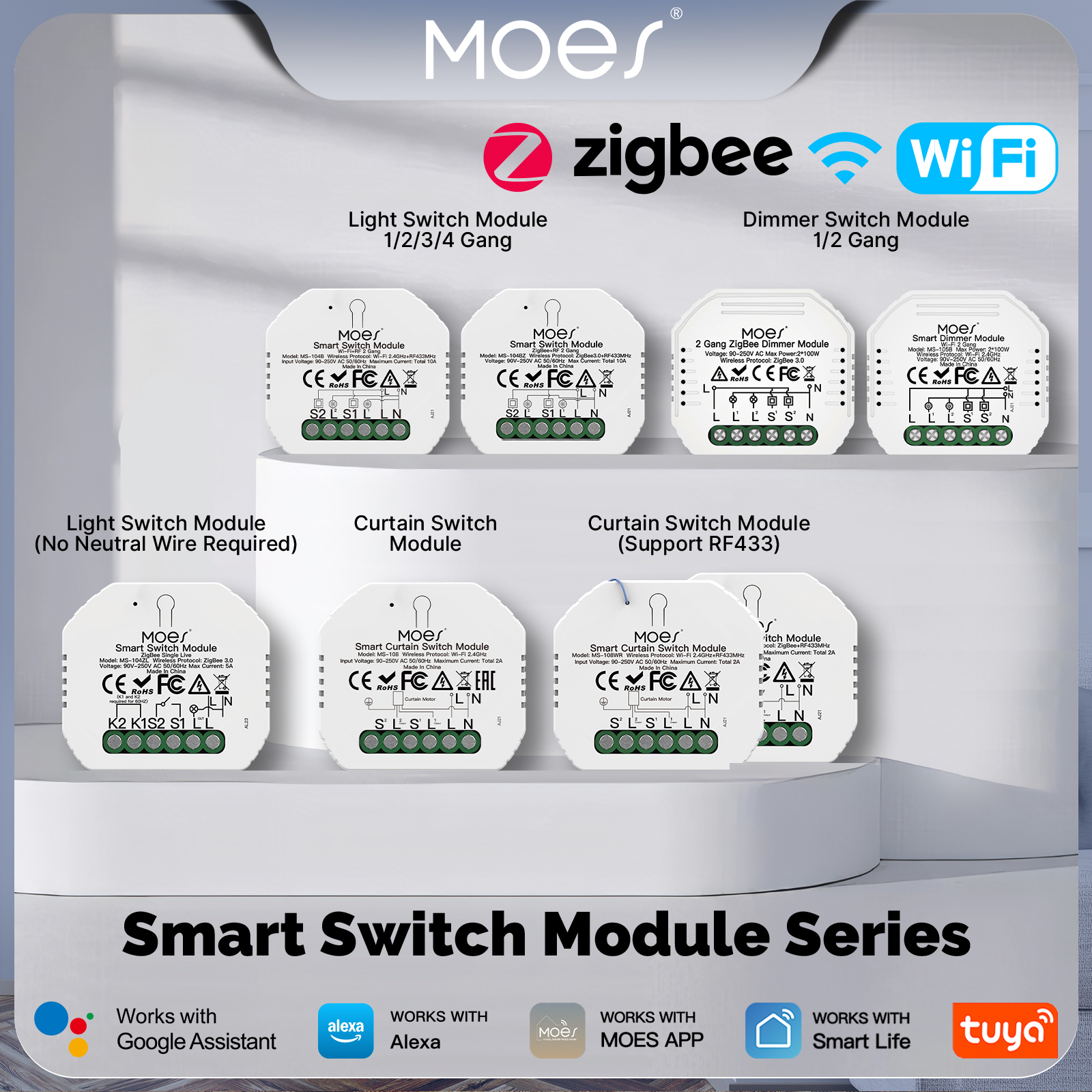 MOES Tuya WiFi/Zigbee Smart Switch Module Light Control Dimmer Curtain 1%-100% Voice Control Support Alexa GoogleHome RF433 lightify
