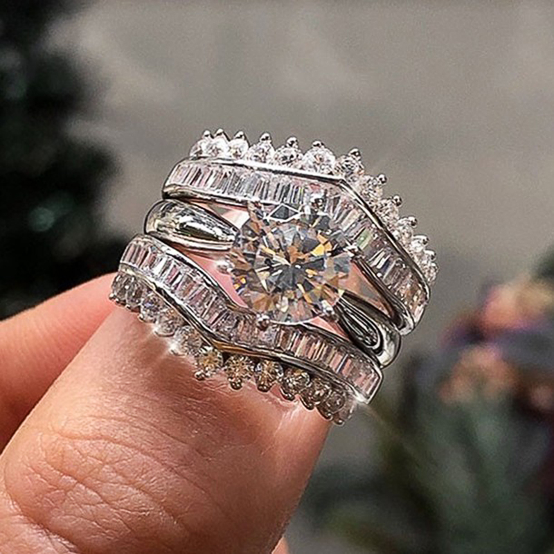 Huitan 2022 Trendy 3Pcs/set Rings for Women Silver Color Luxury Inlaid White Cubic Zirconia Fashion Set Rings Female Jewelry