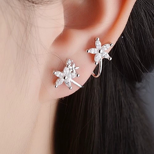 Cute Stars White Zircon Flower Clip Earrings For Women Rose Gold Silver Color Non-piercing Ear Clips Wedding Jewelry Mother