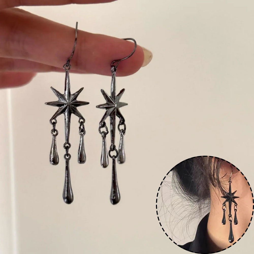 Goth Simple Vintage Black Color Eight Pointed Star Tassels Carving Stereoscopic EarringsAesthetic Charm Party Jewelry