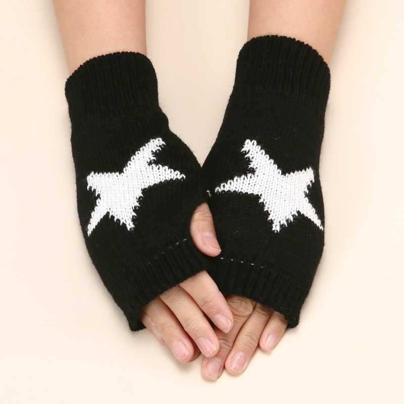 1 Pair of Star Patterned Knitted Half Finger Gloves for Autumn and Winter Warmth, Fashion, Versatile, and Flexible Fingertips