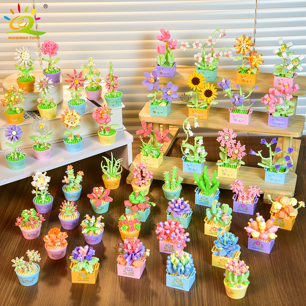 HUIQIBAO MOC Rose Flower Model Building Blocks DIY Eternal Bouquet Bricks Kits Toy For Children Girl Home Decoration Xmas