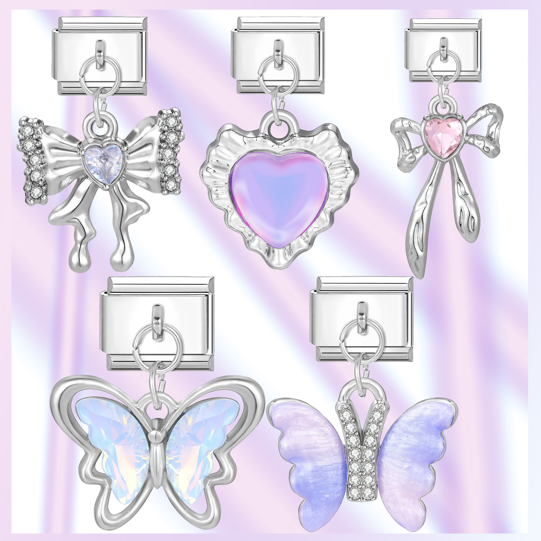 1PC Stainless Steel Italian Style Module Charm Butterfly Set with Purple Gradient Wings Pink Love Heart & Silvery Bow Pendant pen gpt