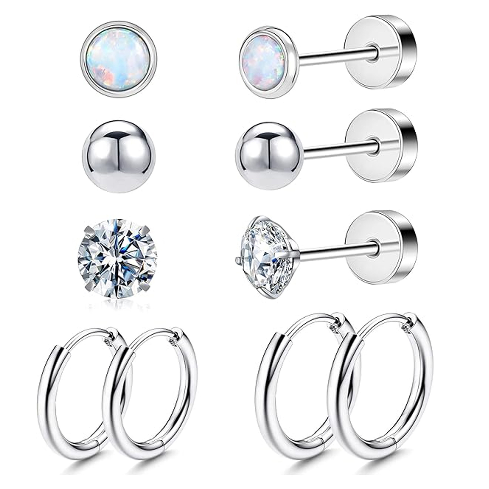 5 Pairs Flat Back Earrings Stud for Women Hypoallergenic Stainless Steel Trendy Ball CZ Hoop Earrings Set Piercing Jewelry