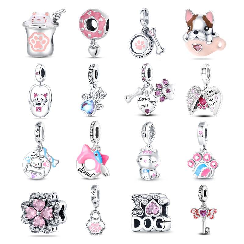100% 925 Silver Color Lovely Pink Kitten Dog Paw Beads Charms Fit 3mm Bracelet Diy Jewelry Making Girl's Gift