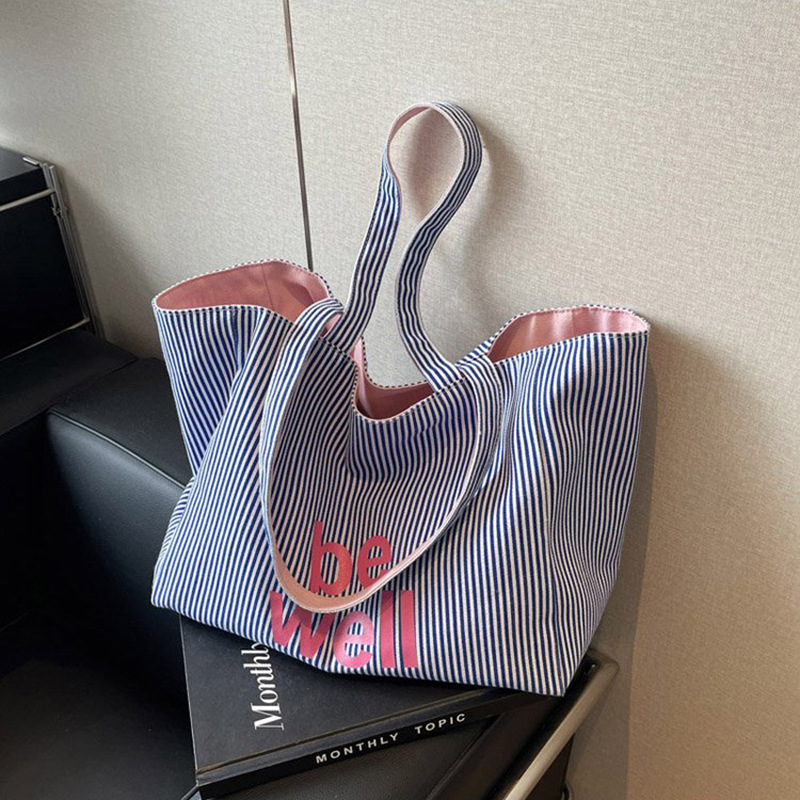 Large Capacity Tote Double-sided New Striped Casual Single Shoulder Textured Embroidered Canvas Bag for Students