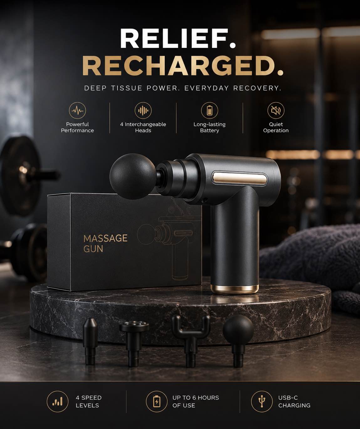 MASSAGE GUN RELIEF. RECHARGED. DEEP TISSUE POWER. EVERYDAY RECOVERY. Powerful Performance 4 Interchangeable Heads Long-lasting Battery Quiet Operation 4 SPEED LEVELS UP TO 6 HOURS OF USE USB-C CHARGING