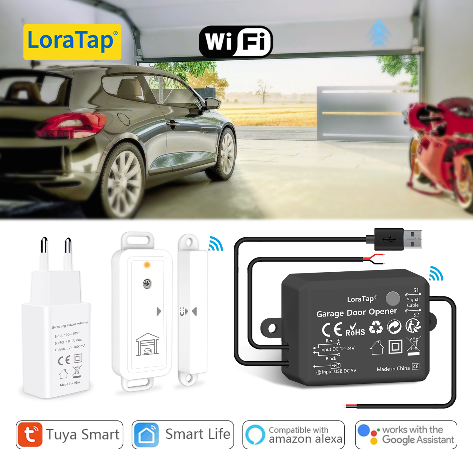 LoraTap Tuya Smart Life Garage Door Opener Controller Wired Sensor Security Early Warning System Work Assistant Alexa pen gpt