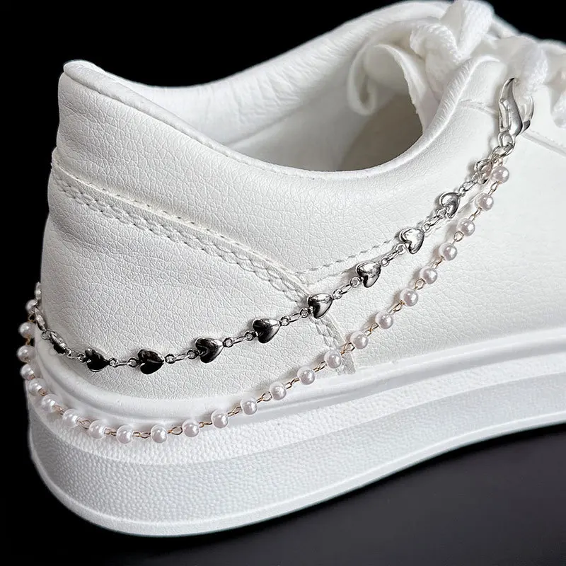 Pearl Metal Double Layered Shoe Chain Men Women Casual Shoe Accessories Fashion Shoes Charms Side Detachable Shoe Decoration 1Pc