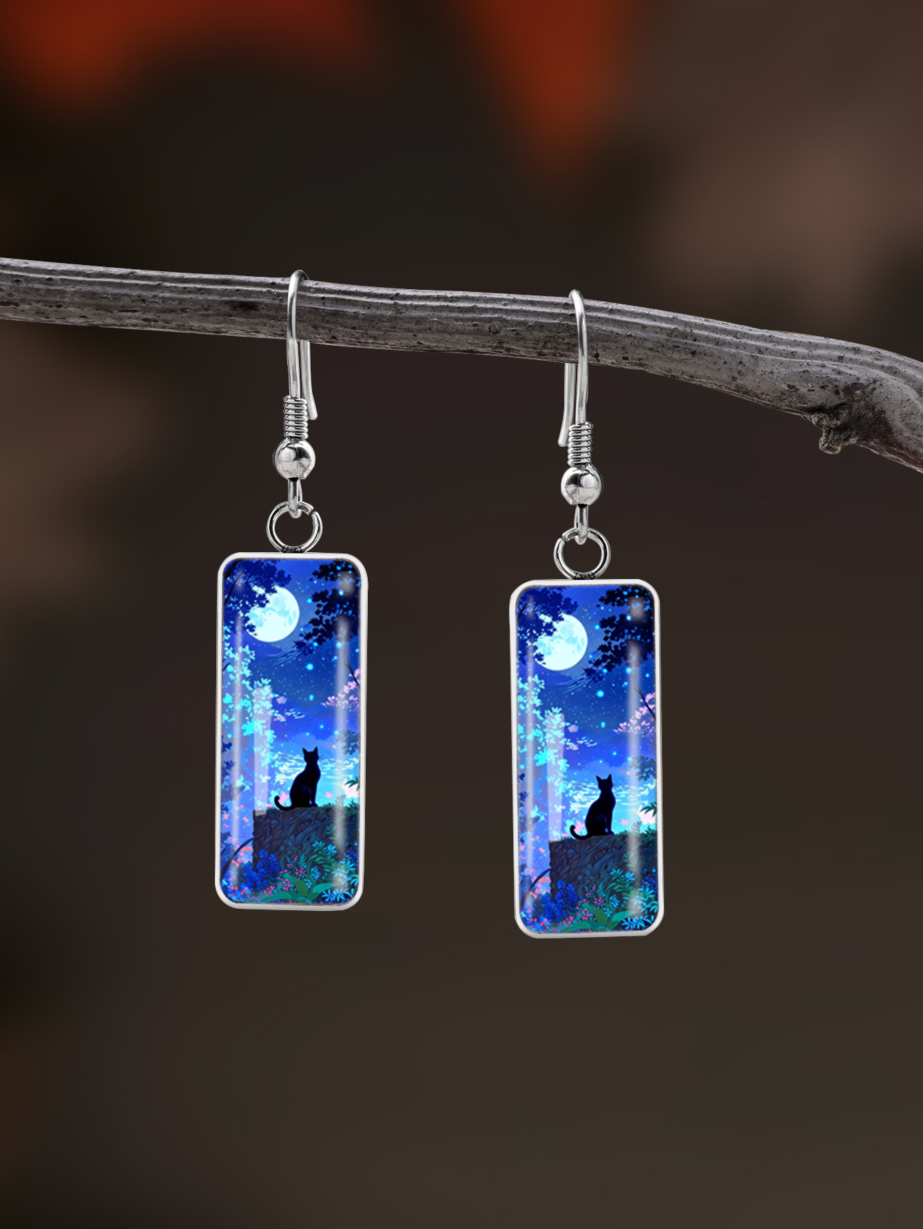 1 Pair of Cute Purple Black Cat Pattern Earrings with Convex Glass and 316 Stainless Steel Water Drop Ear Hooks, Featuring a Cute and Simple Style Suitable for Women for Everyday Gifting, Vacation Wear, and as Jewelry Accessories