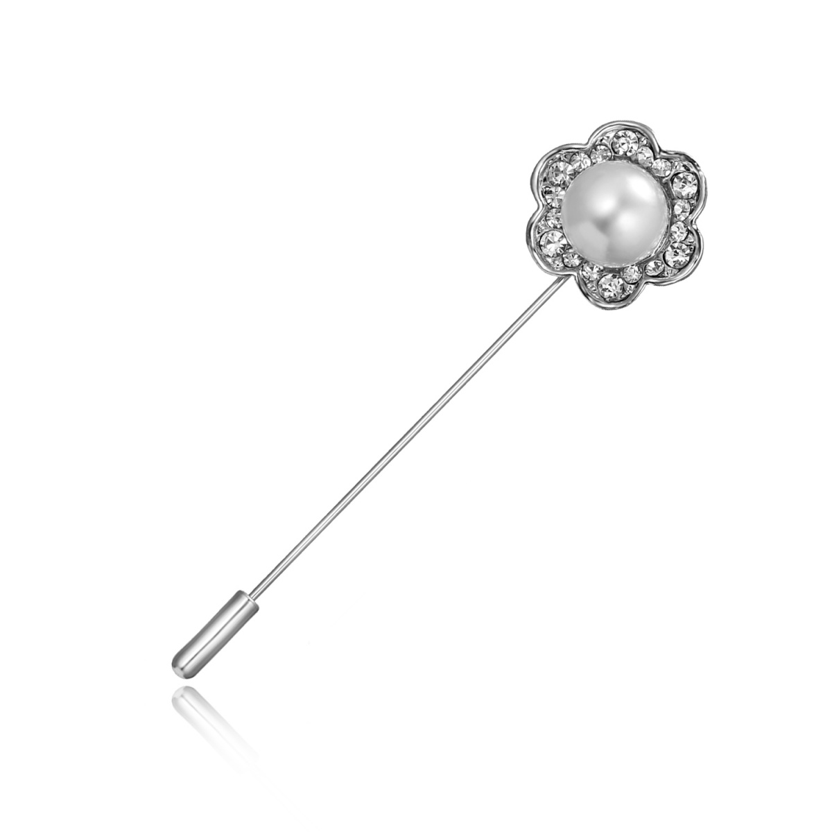 Elegant Cute Imitation Pearl Flower Brooches For Women Men Vintage Silver Color Rhinestone Floral Long Needle Pins Party Jewelry