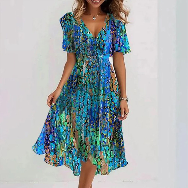 2026 Summer New Loose Casual Shuya V-neck Floral New Hot Selling Printed Dress