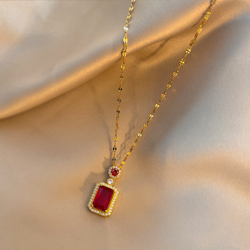 DIEYURO 316L Stainless Steel Square Green Red Zircon Pendant Necklace For Women Classic Luxury Girls Jewelry Chain Birthday Gift Bles Online DZ-8A-04