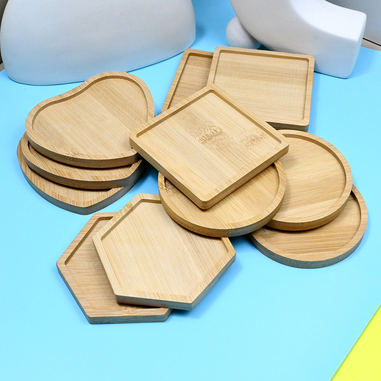 Circular Heart-Shaped Mosaic DIY Bamboo Placemats Square Retro Handcrafted Wood Coasters Tray for Home Decor