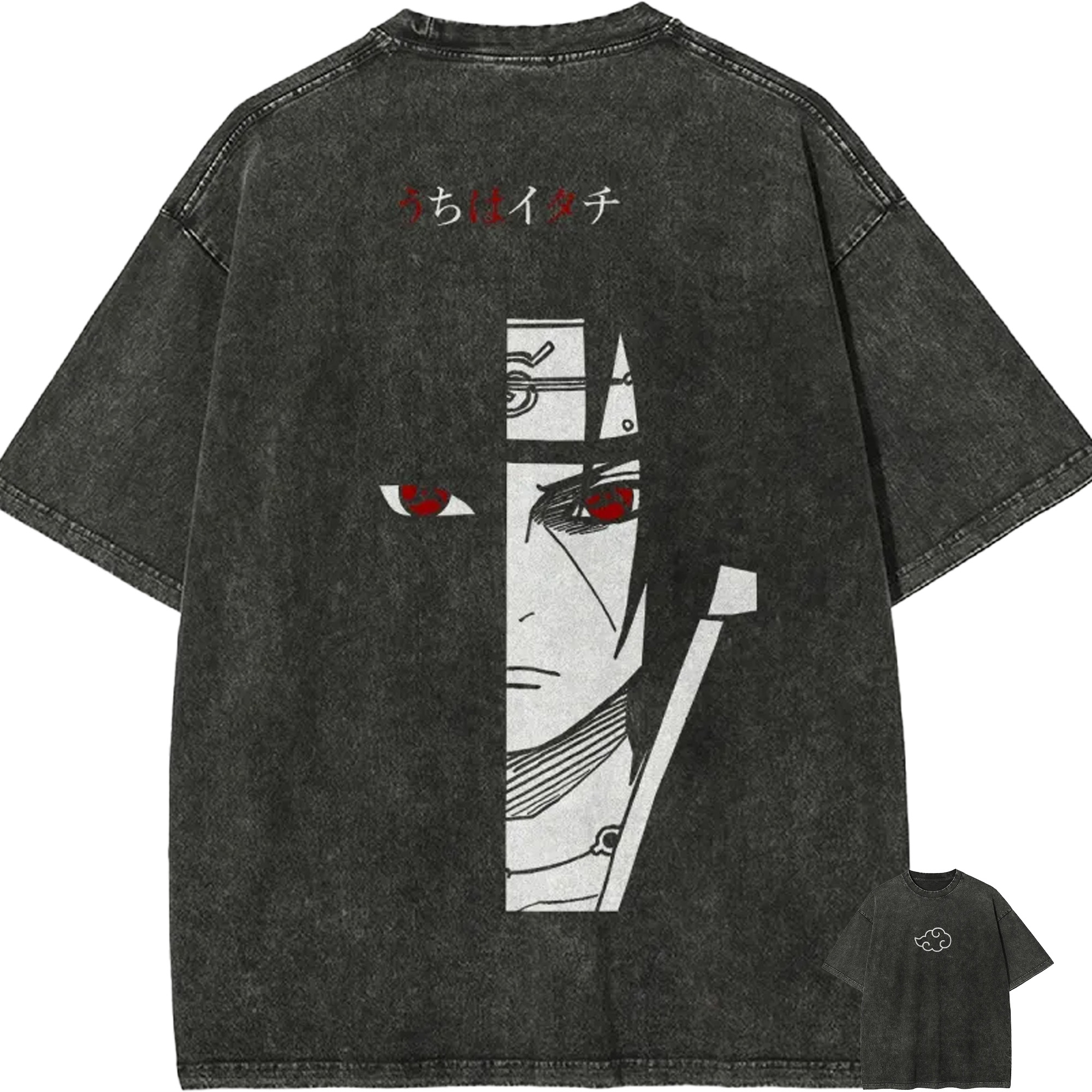 Itachi Uchiha T Shirt Naruto Men Acid Wash Red Sharingan Eye Anime Graphic Cotton Streetwear Manga Ninja Half Face Vintage Tee