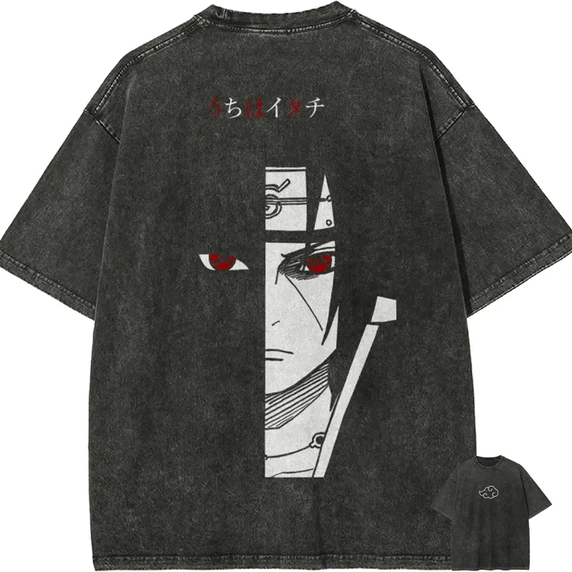 Itachi Uchiha T Shirt Naruto Men Acid Wash Red Sharingan Eye Anime Graphic Cotton Streetwear Manga Ninja Half Face Vintage Tee