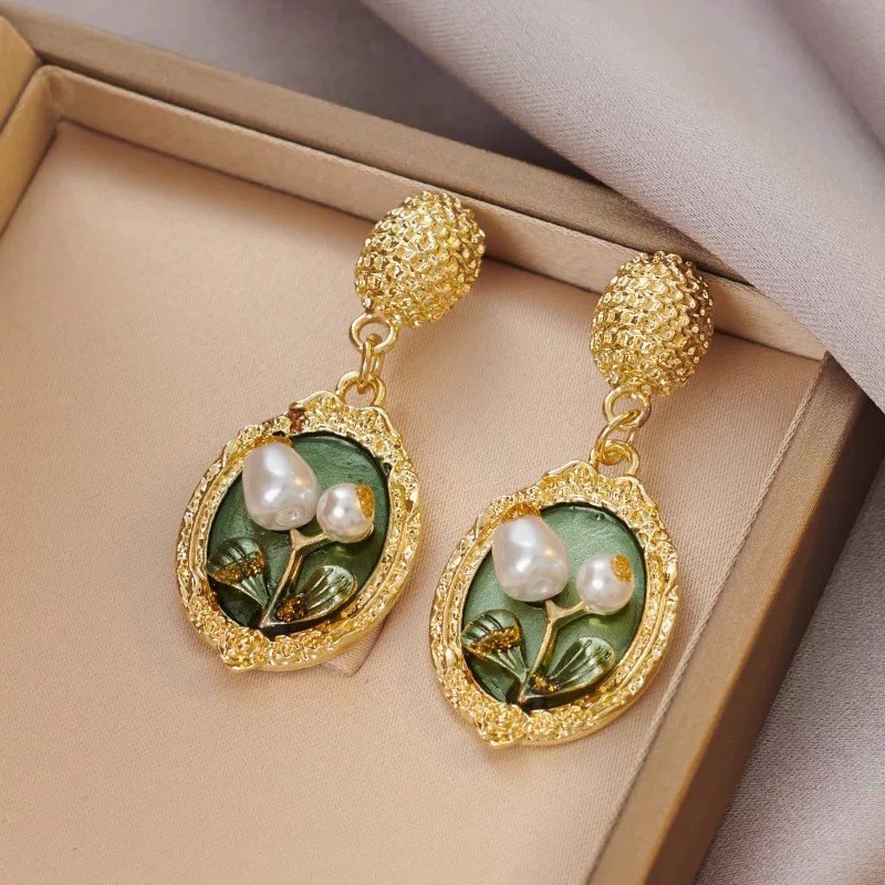 Vintage Oil Painting Flower Imitation Pearl Pendant Earrings, Women's Personalized Creative Holiday Party Jewelry s pen gpt