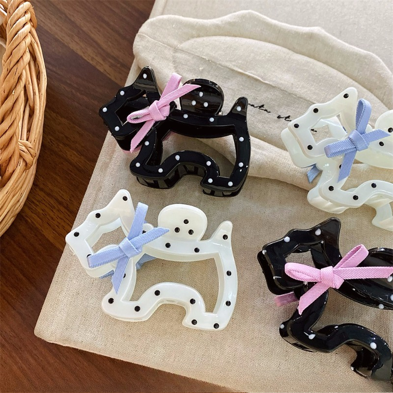 2025 New Bow Black and White Polka Dot Puppy Hair Clip Fashionable and Sweet Shark Clip Hair Grabbing Clip Hair Accessory