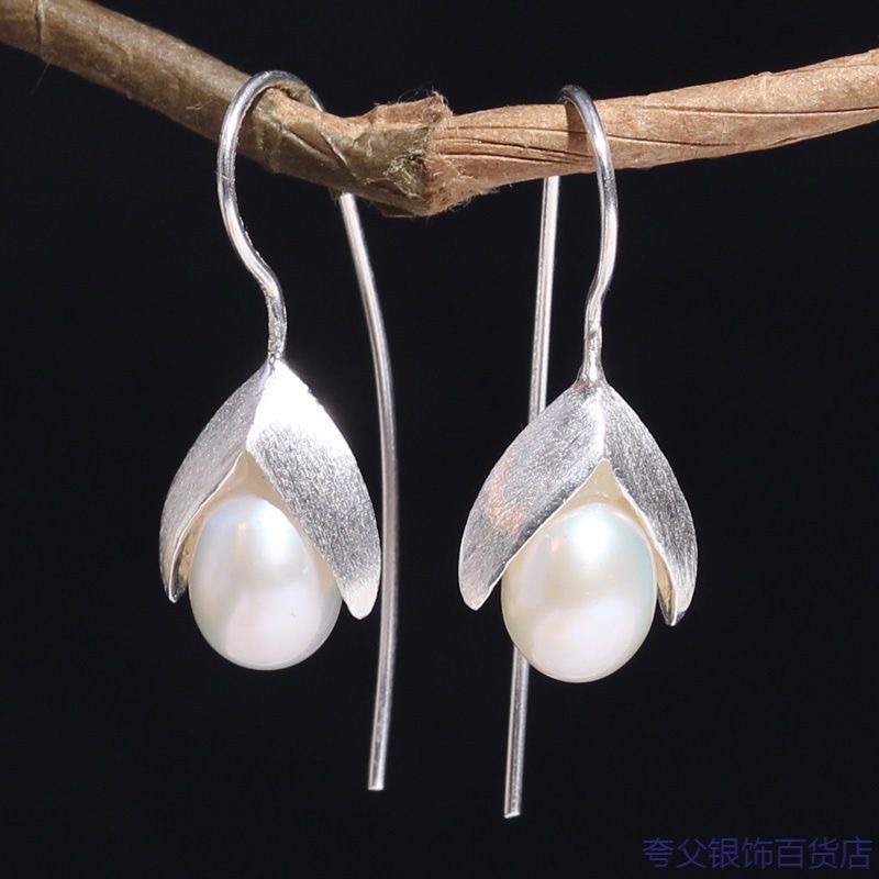 New Fashion Temperament Handmade Flower 925 Sterling Silver Jewelry Ear Hook Natural Drawing Pearl Elegance Earrings E108