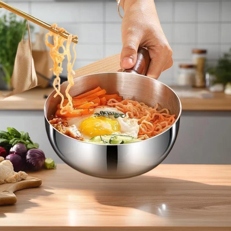 1Pieces Stainless Steel Instant Noodle Bowl Wooden Handle Anti-Scald Anti-Drop Heat-Resistant Household Bowl Outdoor Tableware