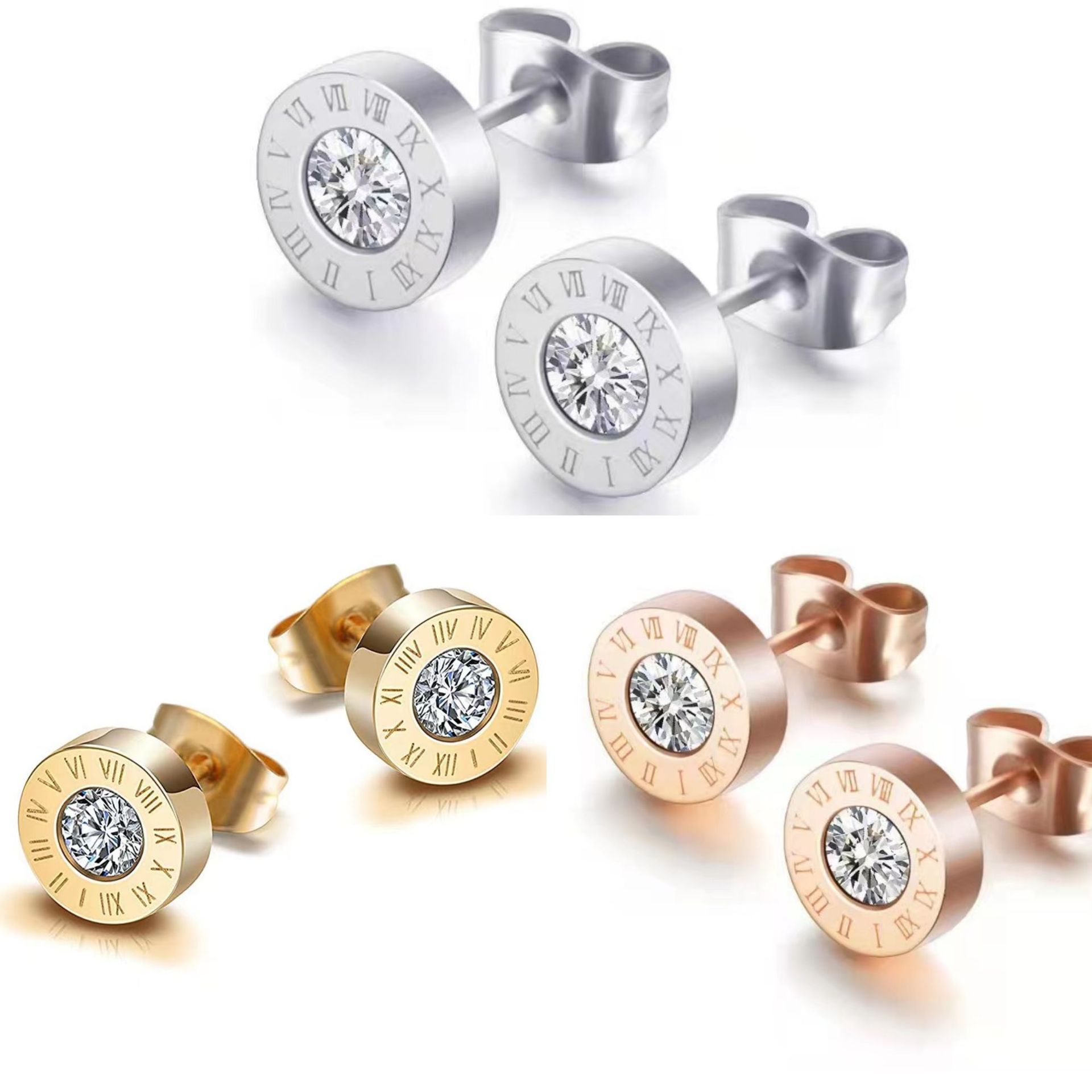 Ladies Round Rhinestone studded Roman Number Earrings, Women Fashion Simple Earrings