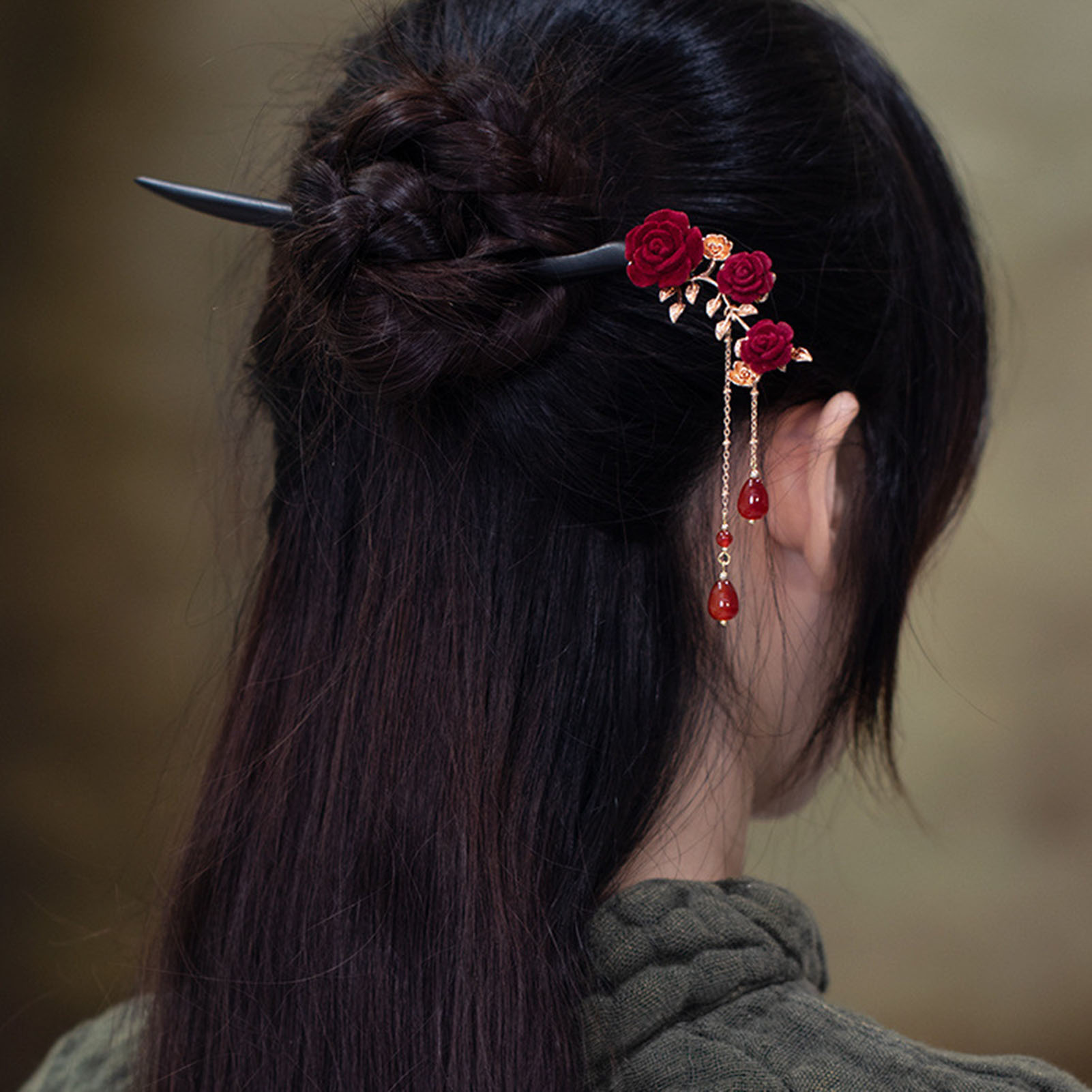 Red Rose Flower Hair Pin Wooden Hair Sticks Forks Tassel Headpieces Retro Chinese Hair Jewelry Woman Hair Bun Maker