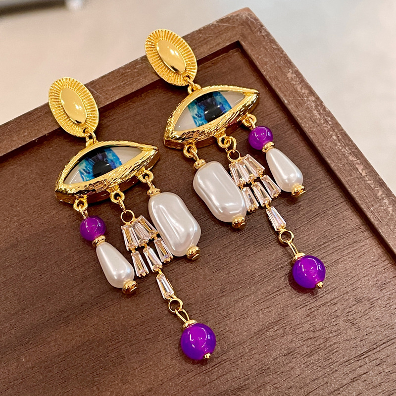 1 pair Medieval Heavy Industry Big Eyed Sunny Exaggerated Large Earrings Baroque Pearl Zircon Tassel Earrings