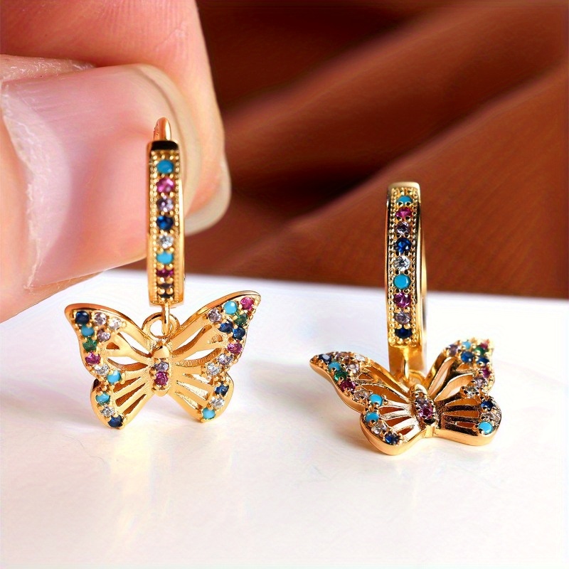 Luxury Female Rainbow Zircon Butterfly Hoop Earrings Fashion Gold Color Wedding Jewelry For Women