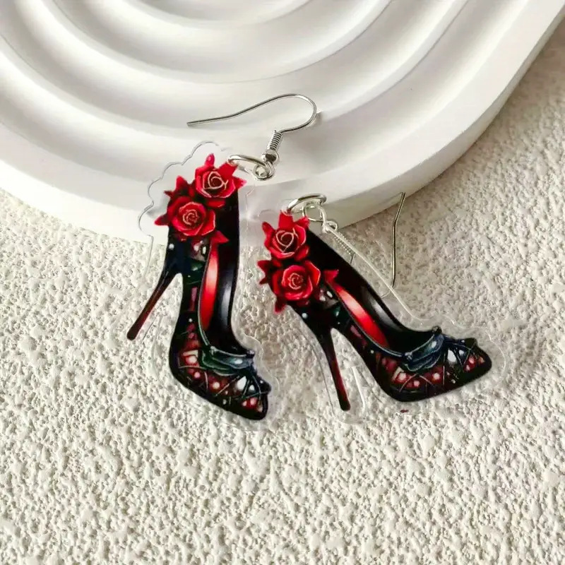 1 pair of acrylic rose high heels earrings, romantic ladies earrings, especially suitable for parties and Valentine's Day s