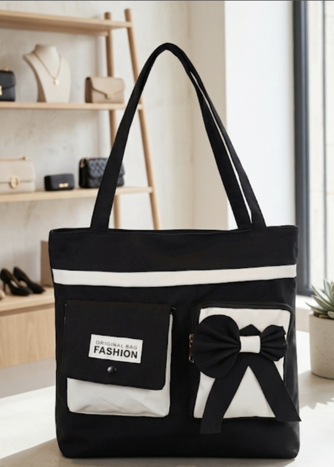 Premium Edition: Stylish Black & White Canvas Tote Bag with Cute Bow Design & Front Multi-Pockets