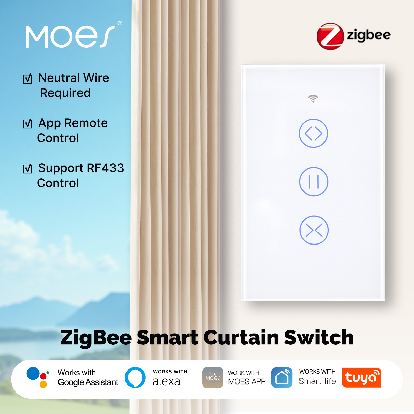 MOES Tuya ZigBee Smart Curtain Switch 2.5D Support RF433 Arc Glass Touch Panel App Remote Control Work With Alexa Home