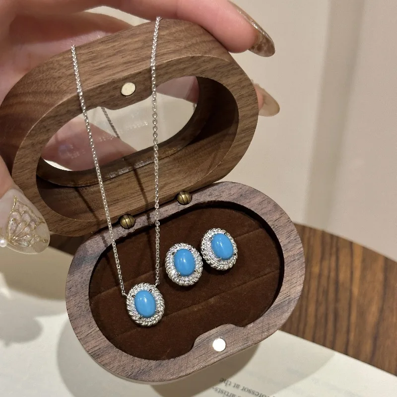 Exquisite Blue Jewelry Sets Luxury Retro Surround with Oval Turquoise Earrings for Women Necklace Diamonds